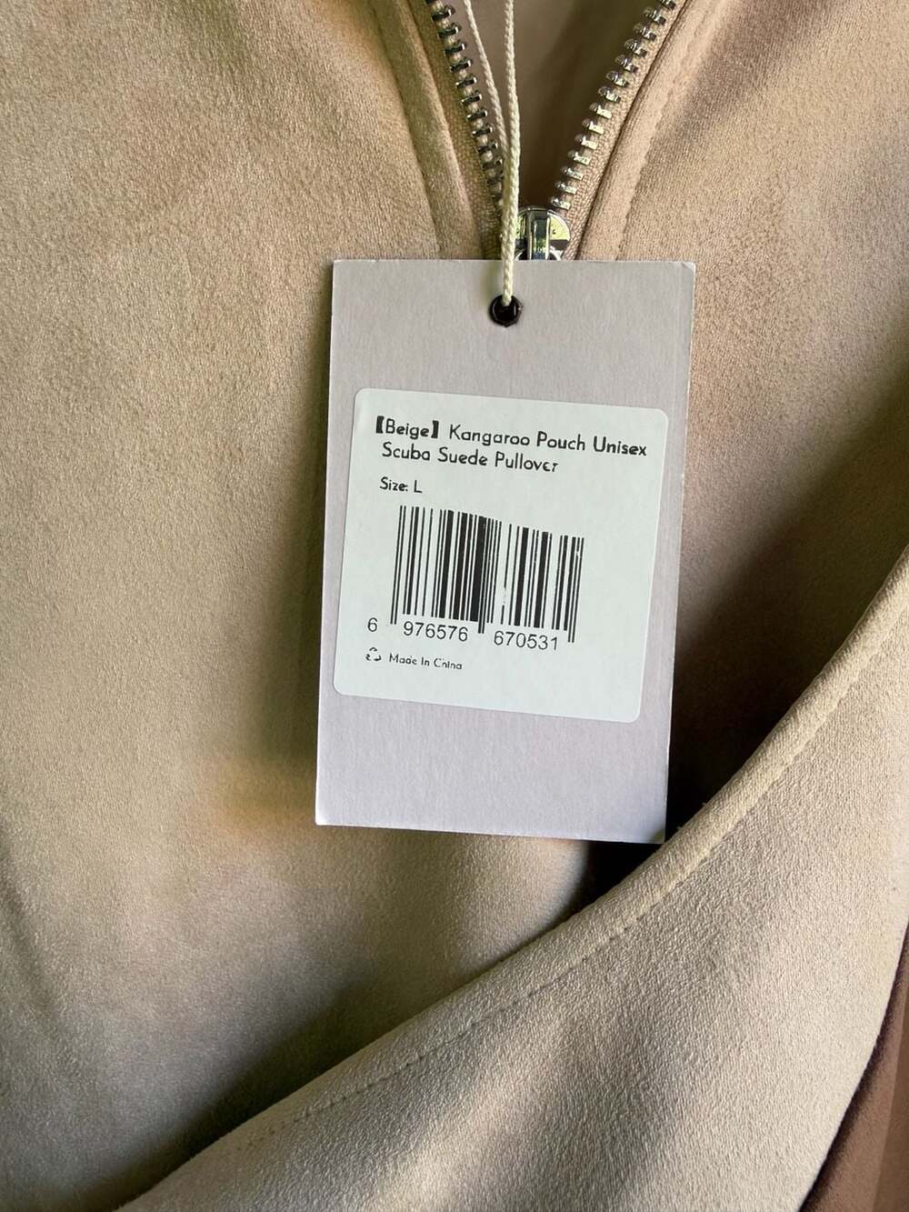 Ri!Kyu Kangaroo Pouch Unisex Scuba Suede Pullover Jacket Beige Size L - Picture 5 of 6